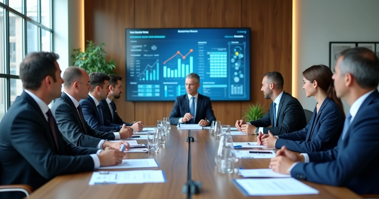 Membros da diretoria conversando e analisando relatórios financeiros em uma mesa