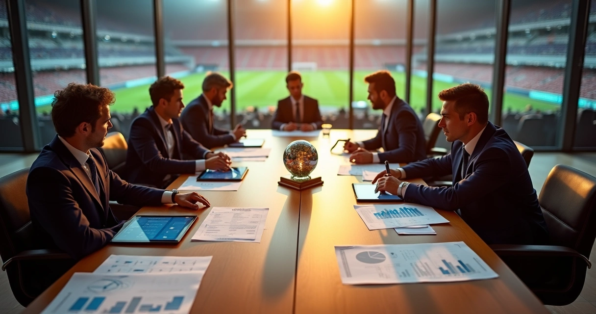 Diretoria de clube de futebol em reunião estratégica com estádio ao fundo 