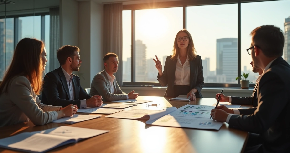 Equipe de diretoria reunida à mesa discutindo documentos e gráficos