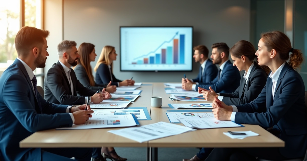 Pessoas sentadas em mesa de reunião analisando gráficos de investimento