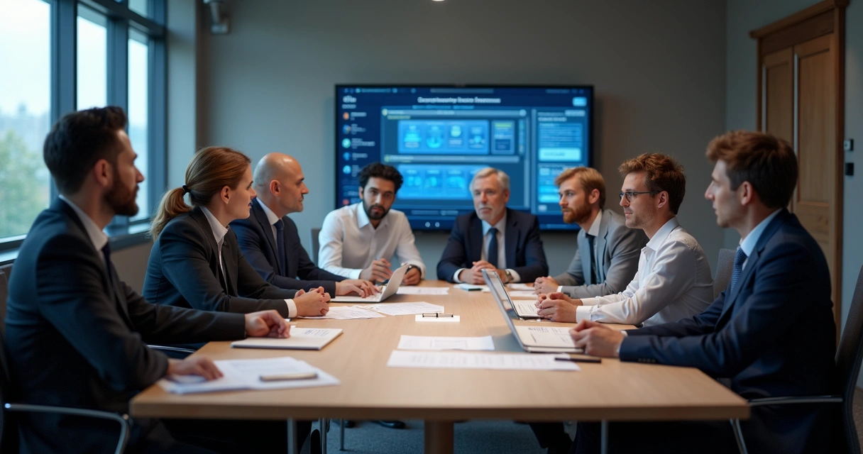 Executivos em reunião discutindo políticas de governança.