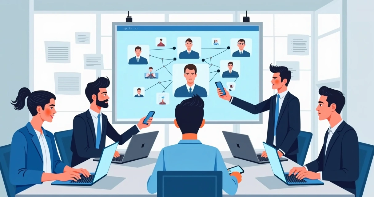 Diretoria sindical reunida em ambiente digital, analisando aplicativos no computador e smartphone.