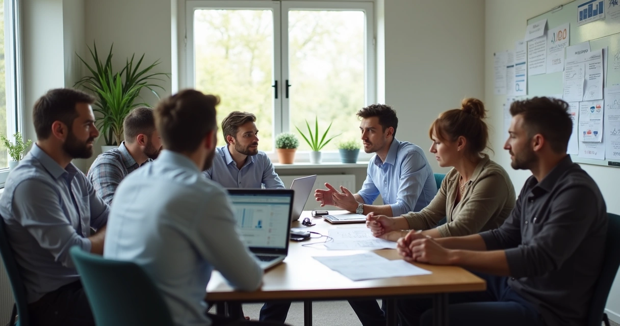 Reunião em escritório, pessoas discutindo em volta de mesa de trabalho, algumas claramente em desacordo, ambiente tenso e divisivo 