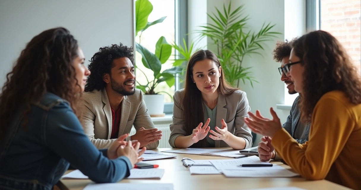 Grupo de pessoas em reunião discutindo questões emocionais profissionais 