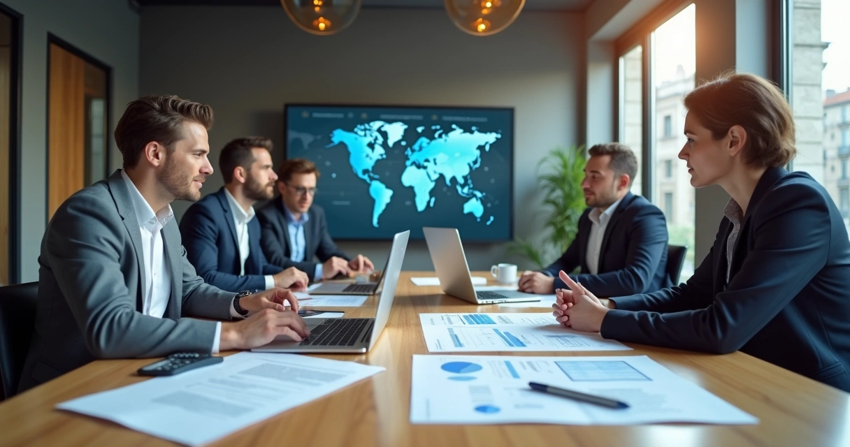 Corretores imobiliários discutem reajuste de aluguel em mesa de escritório revisando contratos