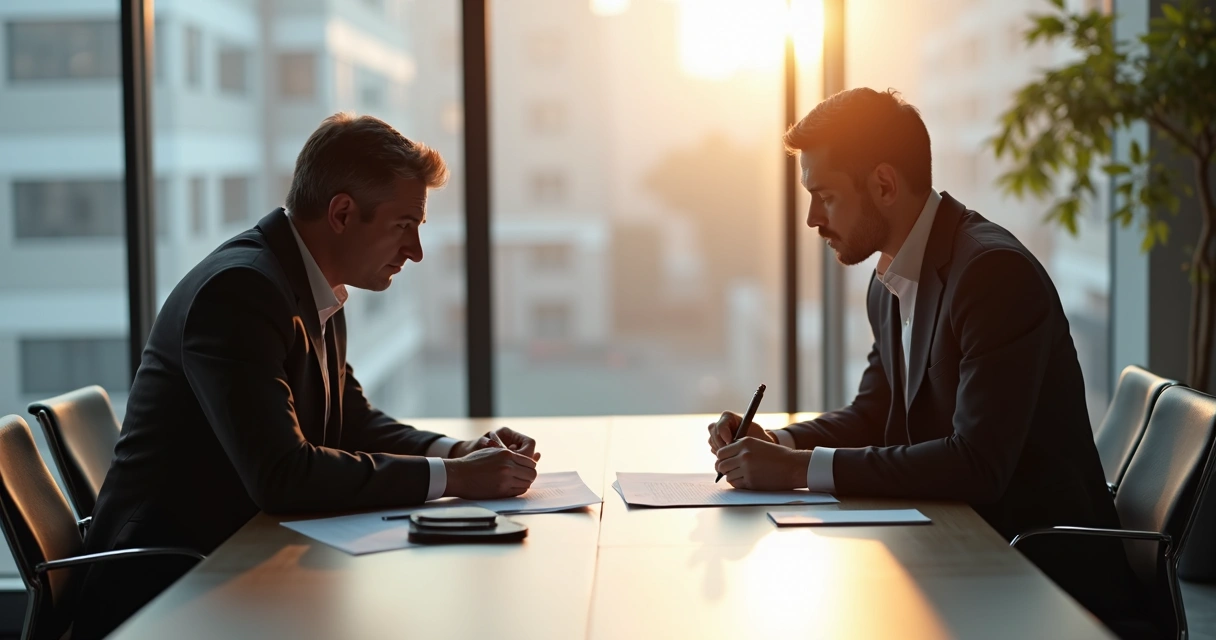 Dois empresários sentados em uma mesa de reunião, com papéis de contratos à sua frente.