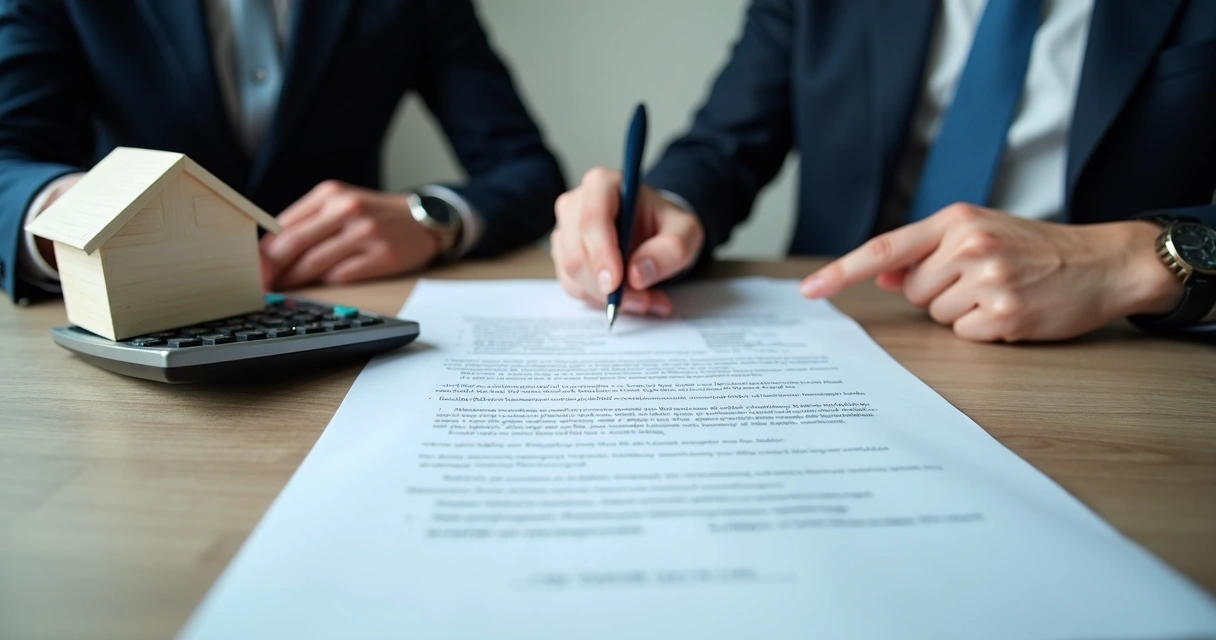Reunião sobre distrato imobiliário com documentos e calculadora