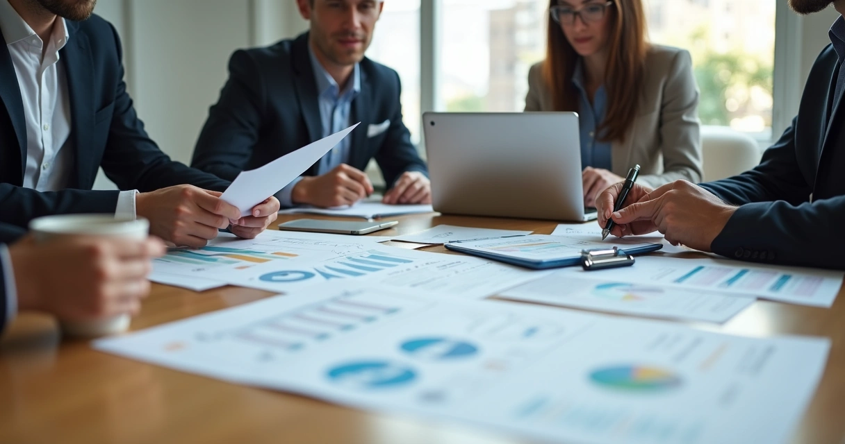Sócios em reunião analisando documentos de contabilidade 
