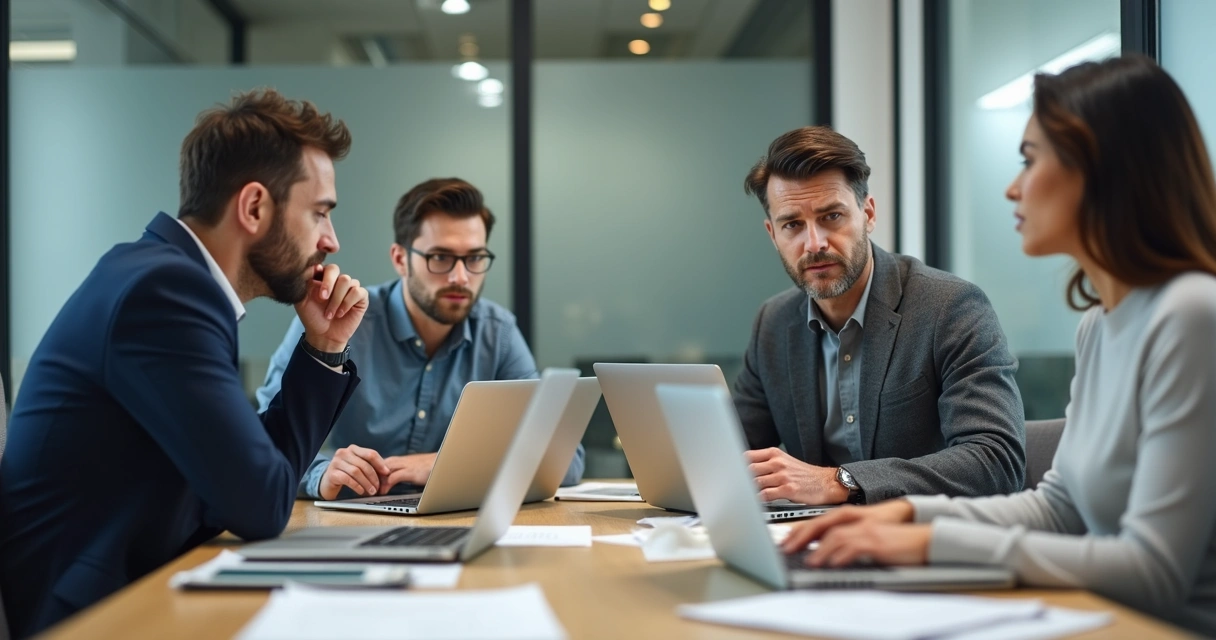 Duas pessoas em uma reunião de trabalho discutindo com expressões diferentes a respeito de um projeto. 