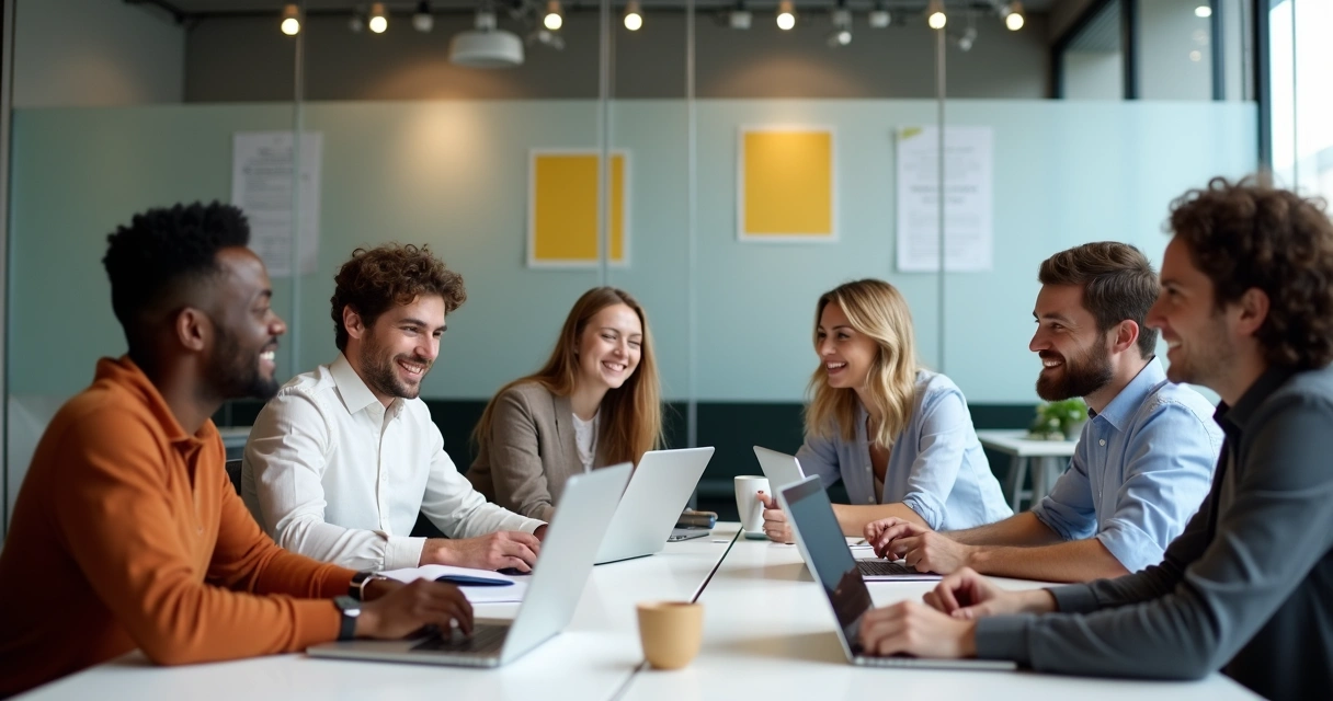 Equipe em reunião discutindo ideias divergentes de forma respeitosa 