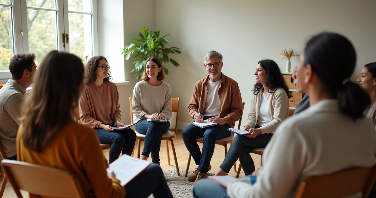 Pessoas em círculo conversando em reunião diversa 