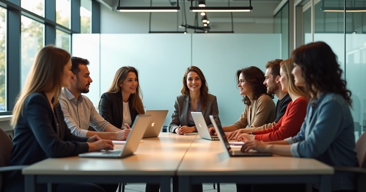 Equipe diversa em reunião, conversando de modo colaborativo em um escritório moderno 