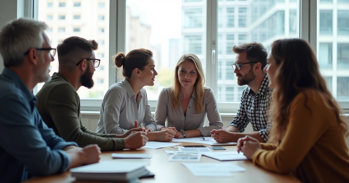 Equipe reunida com diversidade de pessoas participando de discussão