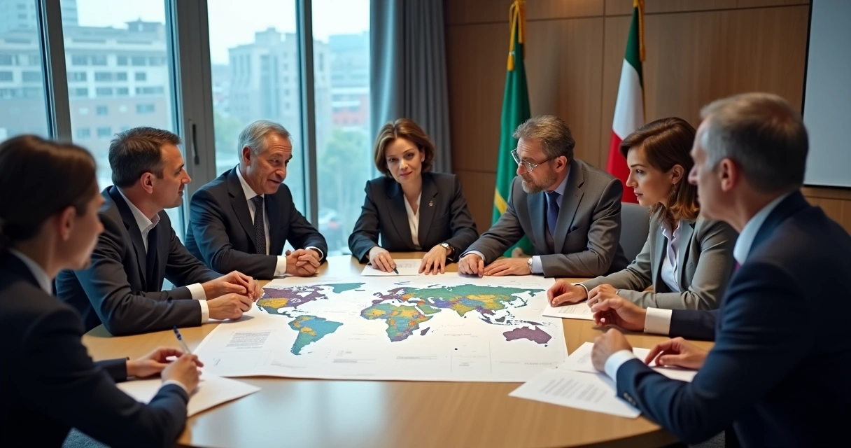 Grupo diverso discutindo ao redor de uma mesa com mapas globais