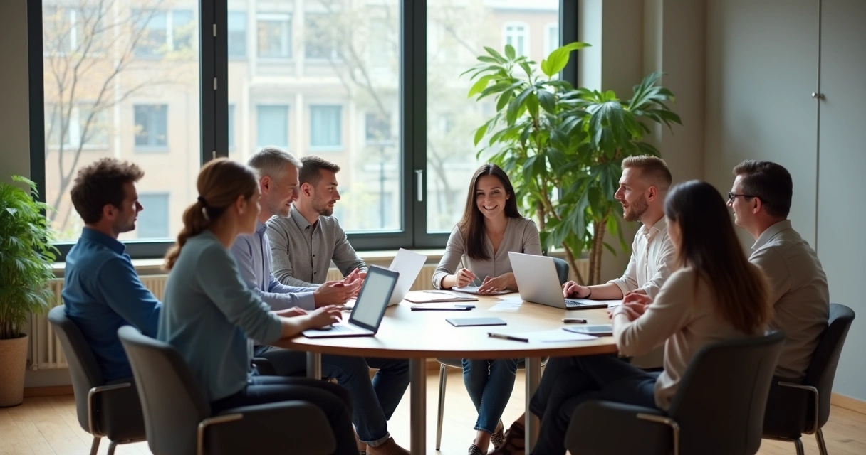Equipe diversa em reunião corporativa discutindo juntos em mesa redonda 