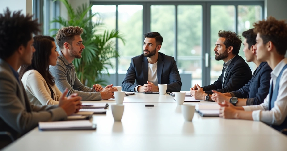 Equipe diversa em reunião ao redor de uma mesa moderna 