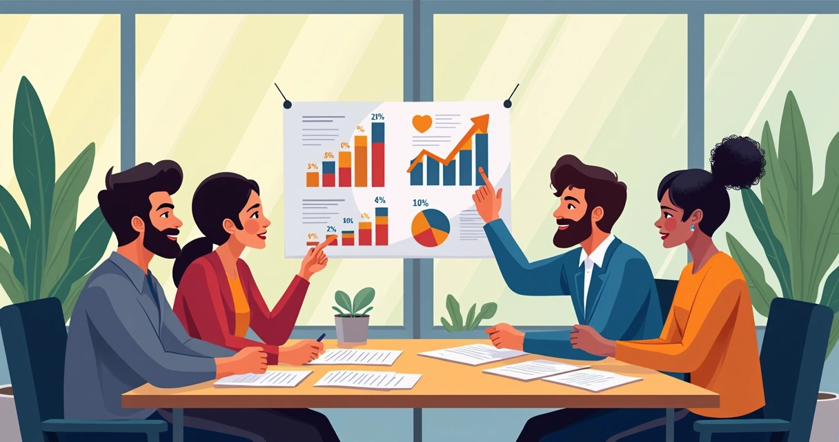 Equipes diversas em reunião de trabalho discutindo gráficos e resultados 