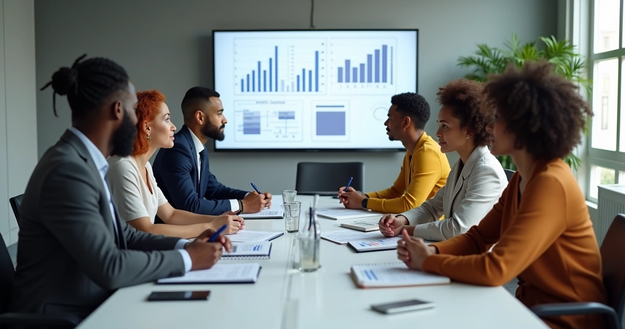 Equipe diversa debatendo dados e políticas em sala de reunião 