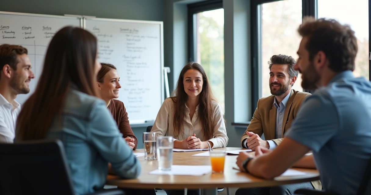Colegas de trabalho de diferentes origens sentados ao redor de uma mesa em uma reunião 