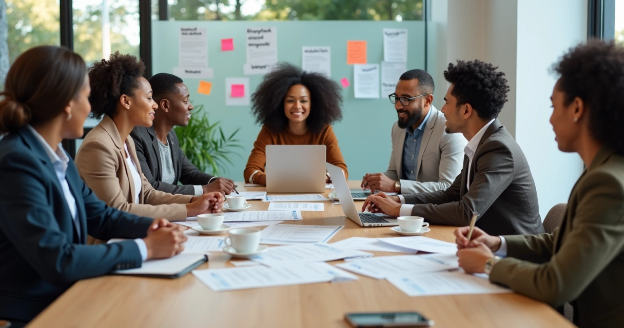 Reunião de equipe diversa em mesa corporativa com análise de currículos