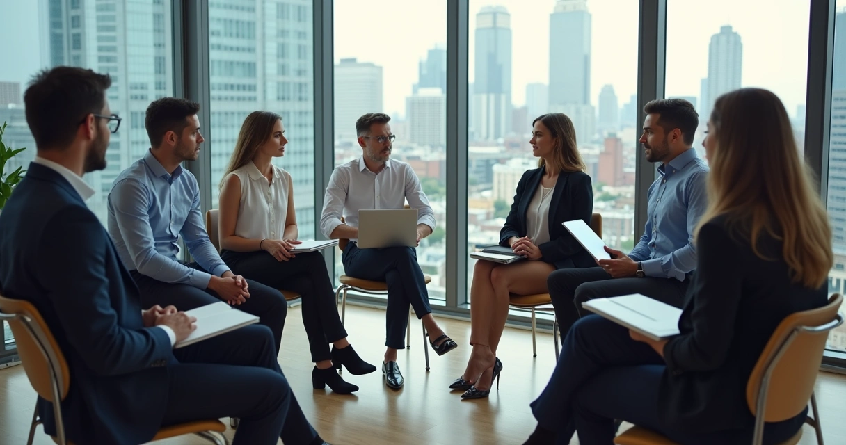 Equipe corporativa diversa reunida em círculo em uma sala ampla