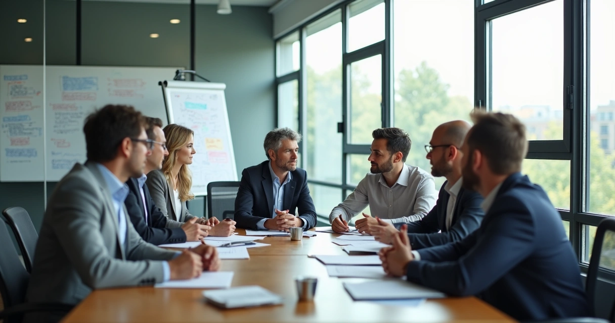 Equipe diversa em reunião dentro de empresa moderna com quadro de anotações ao fundo