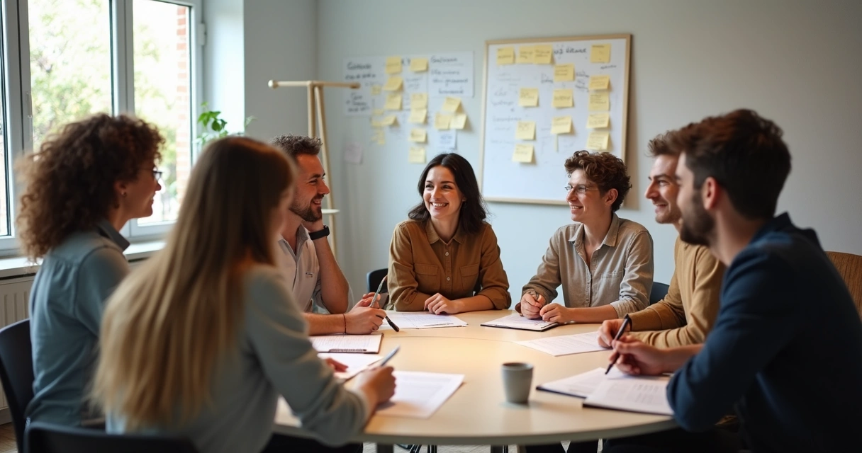 Equipe reunida em mesa redonda discutindo ideias de forma colaborativa 