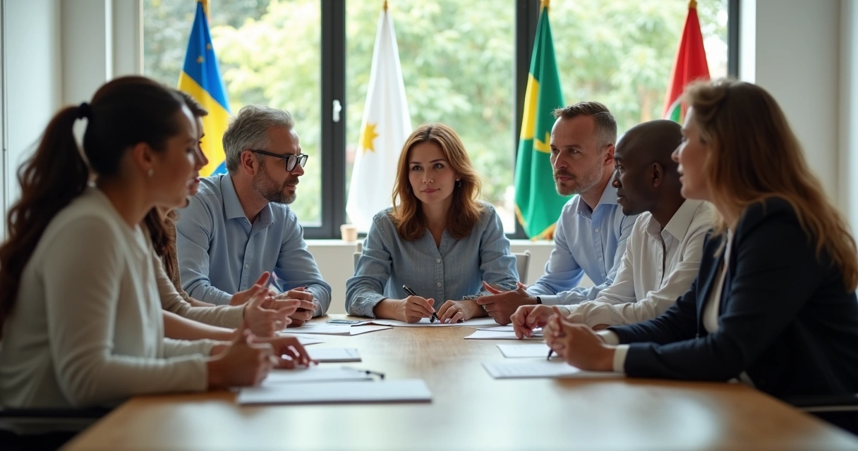 Pessoas de diferentes origens conversando em uma mesa de reunião 