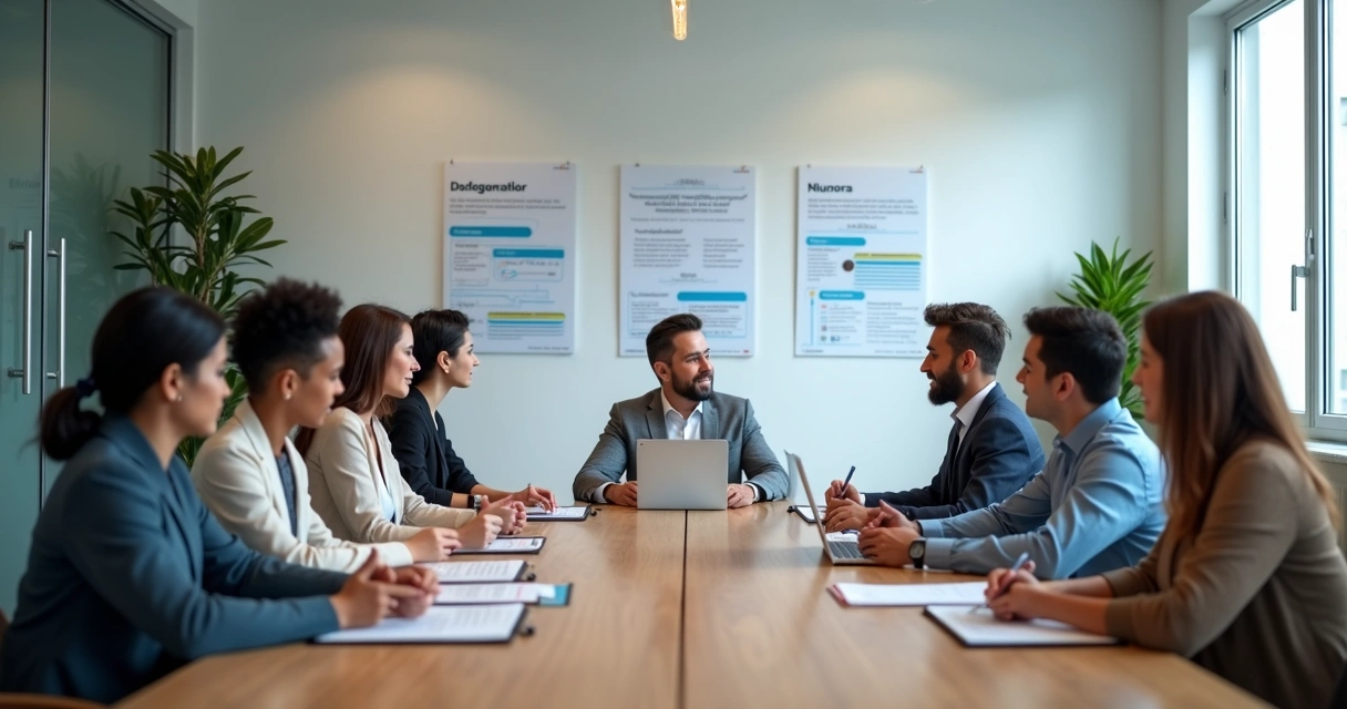 Equipe em reunião com gráficos e políticas de inclusão na parede