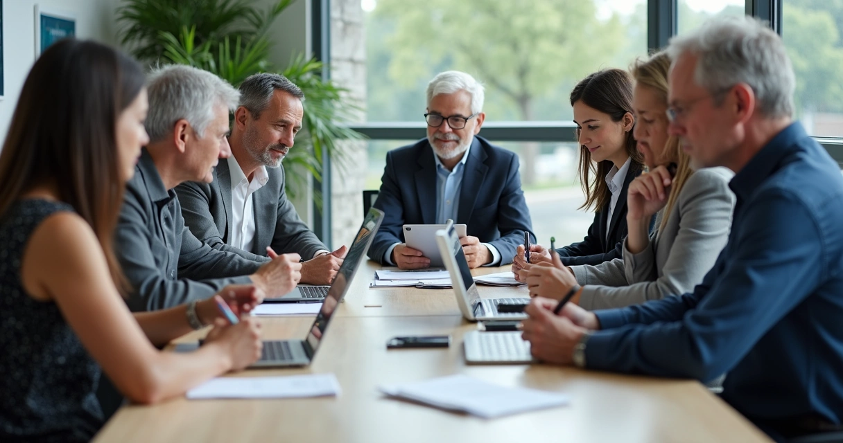 Colaboradores de diferentes idades discutindo ao redor de uma mesa de reuniões