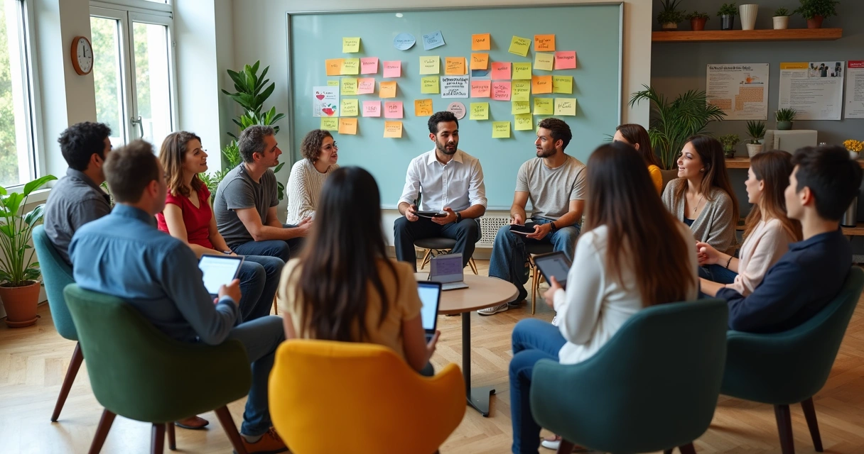 Equipe diversa em roda de conversa sobre inclusão no trabalho 