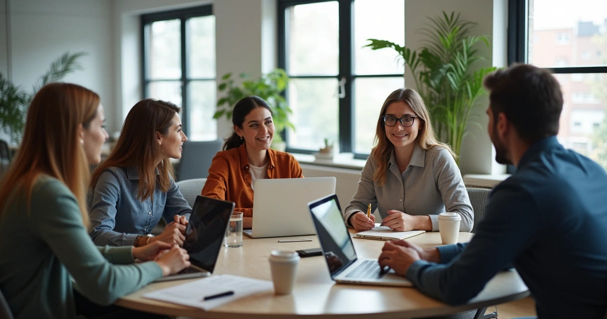 Grupo de pessoas diversas conversando em uma reunião inclusiva 