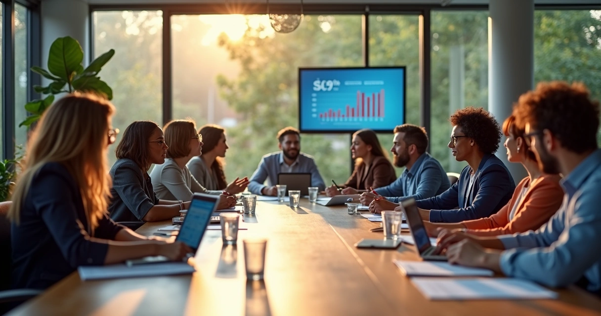 Grupo de profissionais diversos em reunião ao redor de mesa grande
