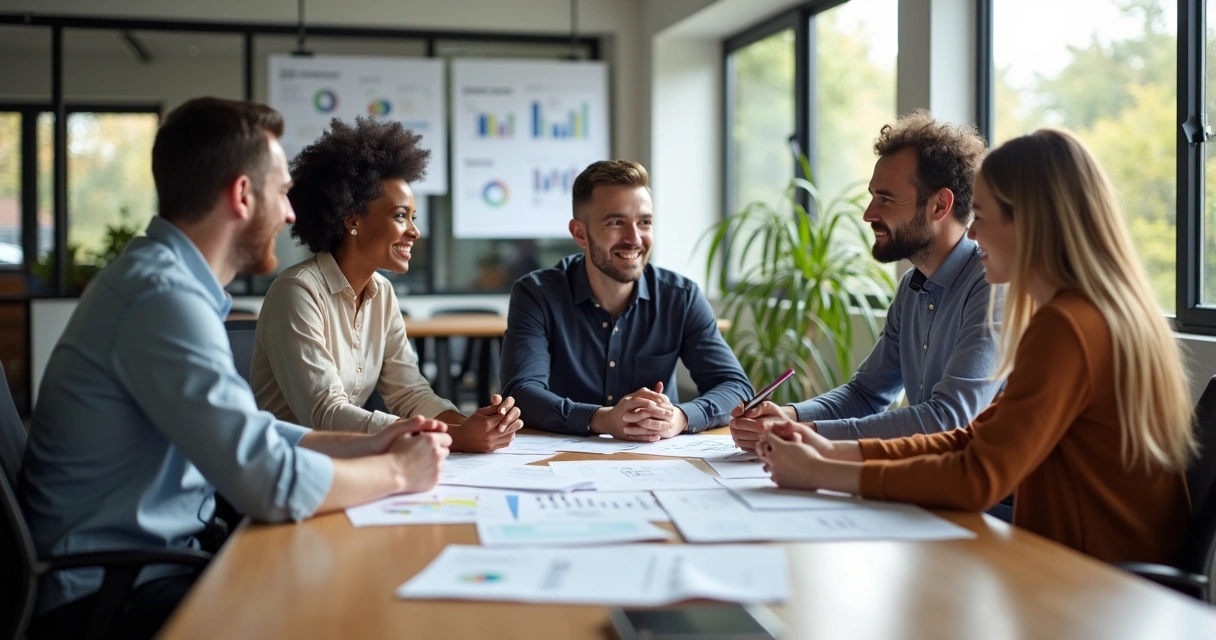 Equipe de trabalho diversa reunida em mesa redonda discutindo ideias 