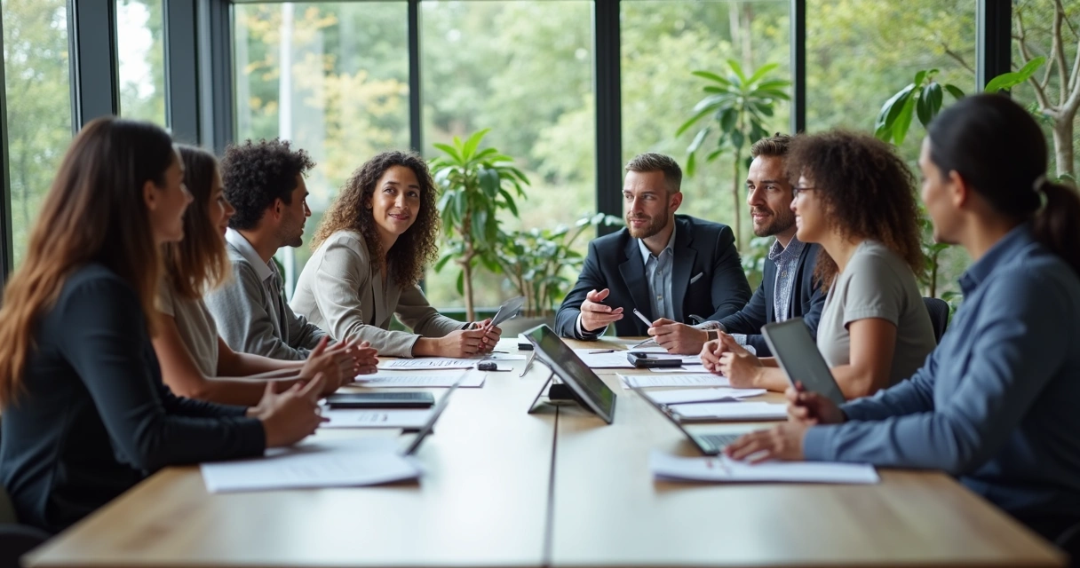 Reunião de equipe diversa em sala ampla com luz natural 
