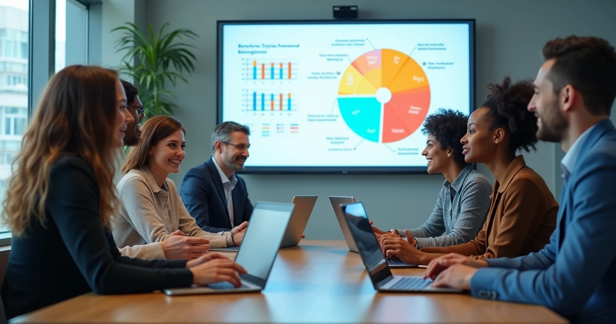 Equipe diversa em reunião de trabalho exibindo relatórios comportamentais na tela 