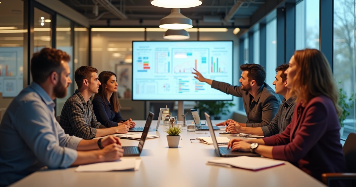 Equipe reunida ao redor de uma mesa discutindo projeto com diversidade aparente 