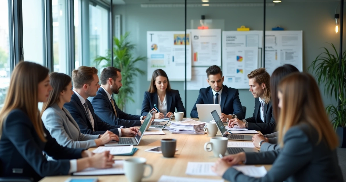 Equipe reunida analisando documentos em processo de due diligence empresarial 