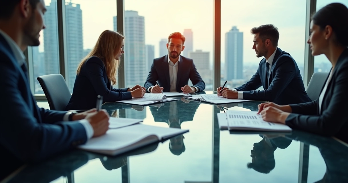 Reunião de negócios com relatórios financeiros e revisão documental