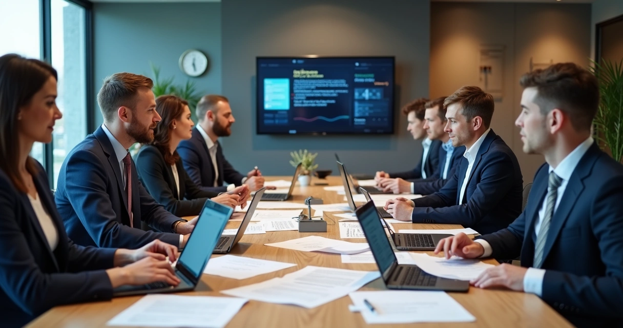 Advogados e empreendedores reunidos revisando contratos digitais 