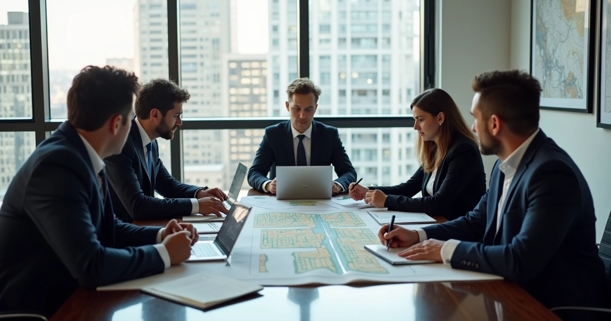 Reunião de advogados e empresários analisando documentos de imóvel 