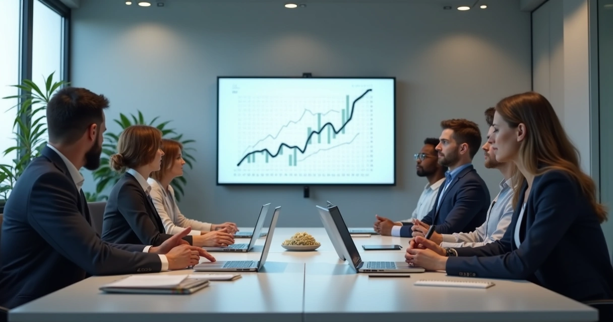 Reunião corporativa com equipe preocupada, ambiente de escritório moderno e gráficos negativos na tela 