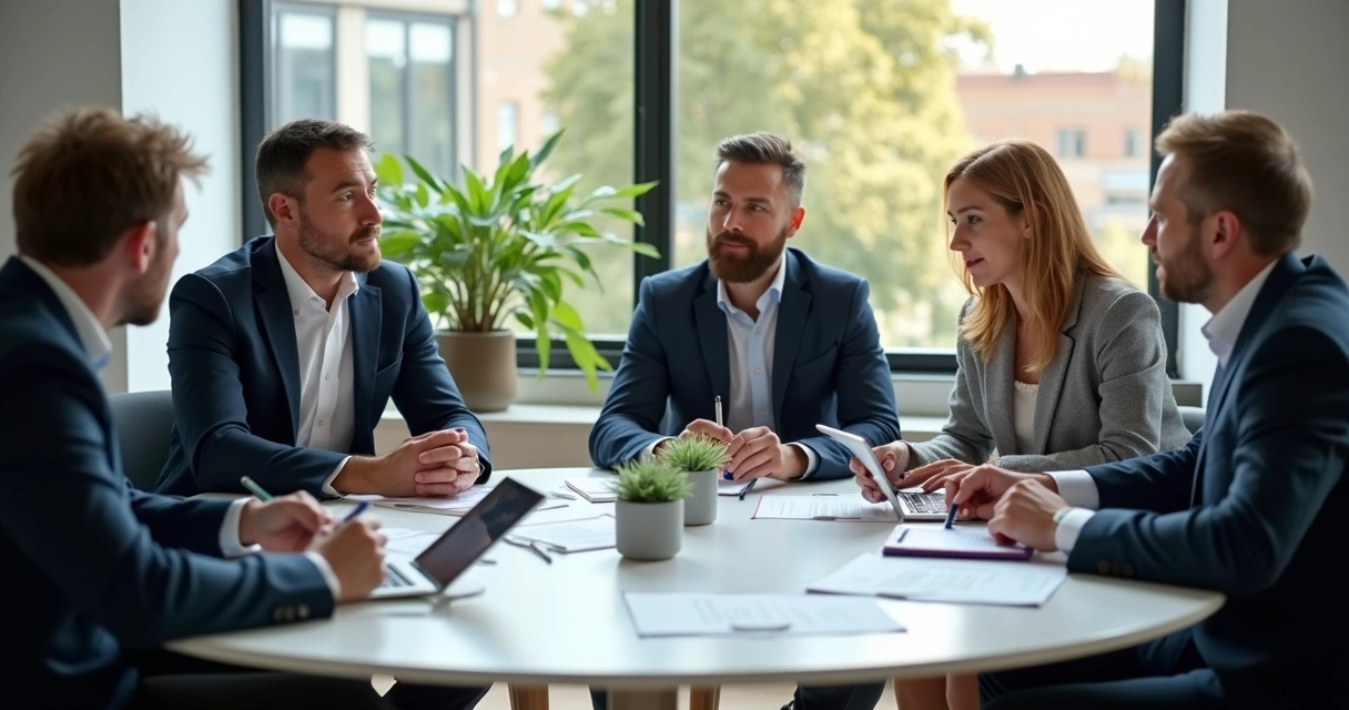 Reunião de educadores financeiros discutindo estratégias de negócios com anotações e tablets sobre mesa redonda 