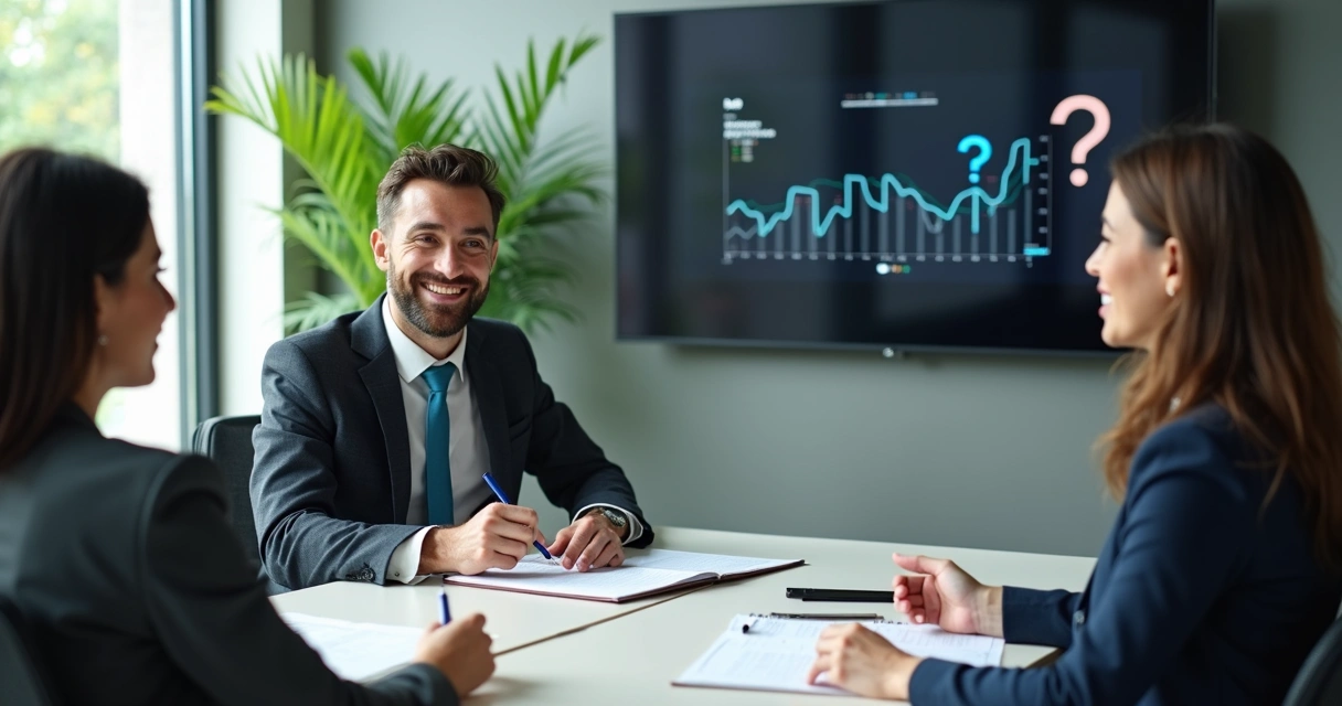 Reunião comercial com perguntas abertas e anotações visíveis 