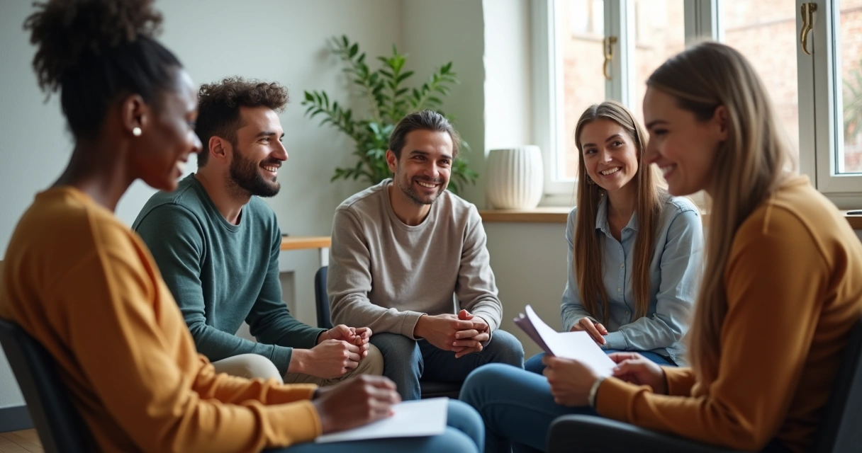 Equipe de trabalho reunida em círculo, compartilhando sentimentos de forma respeitosa