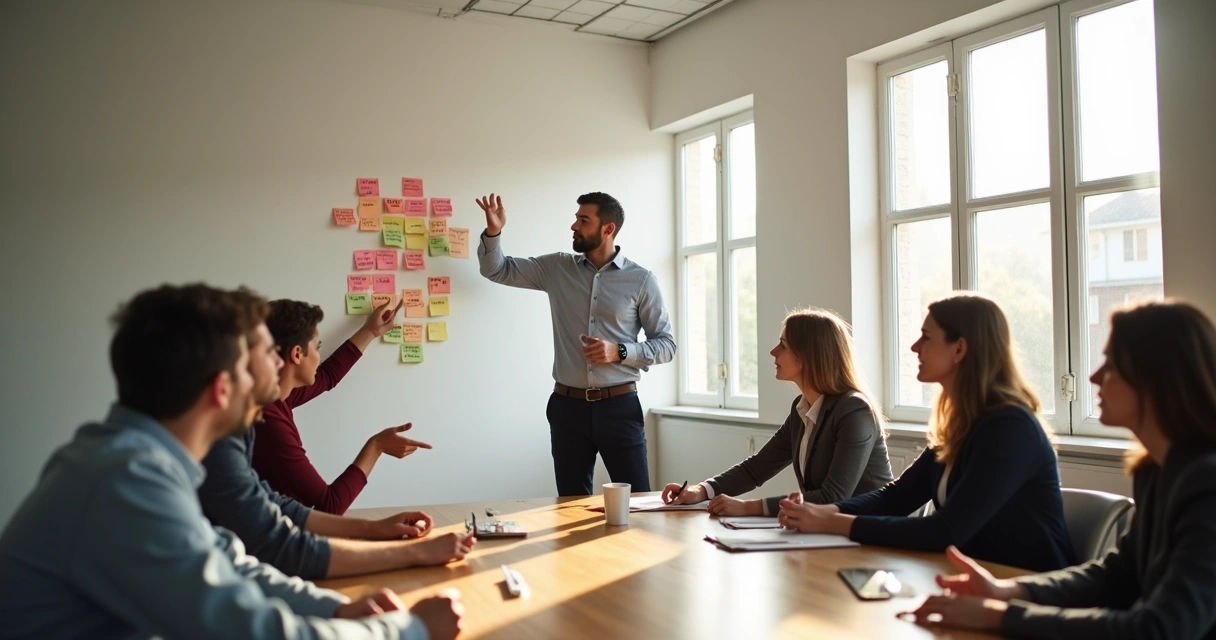 Grupo de pessoas em reunião conversando sobre valores 