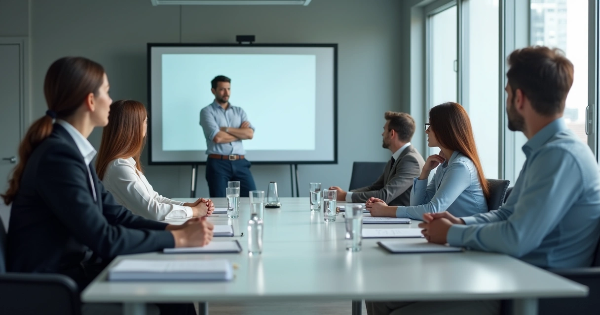 Equipe em reunião silenciosa observando uma apresentação em sala corporativa