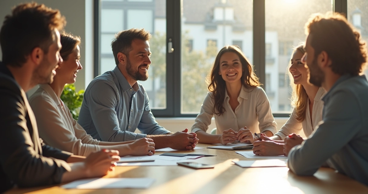 Equipe reunida em escritório, expressando emoções em conversa 