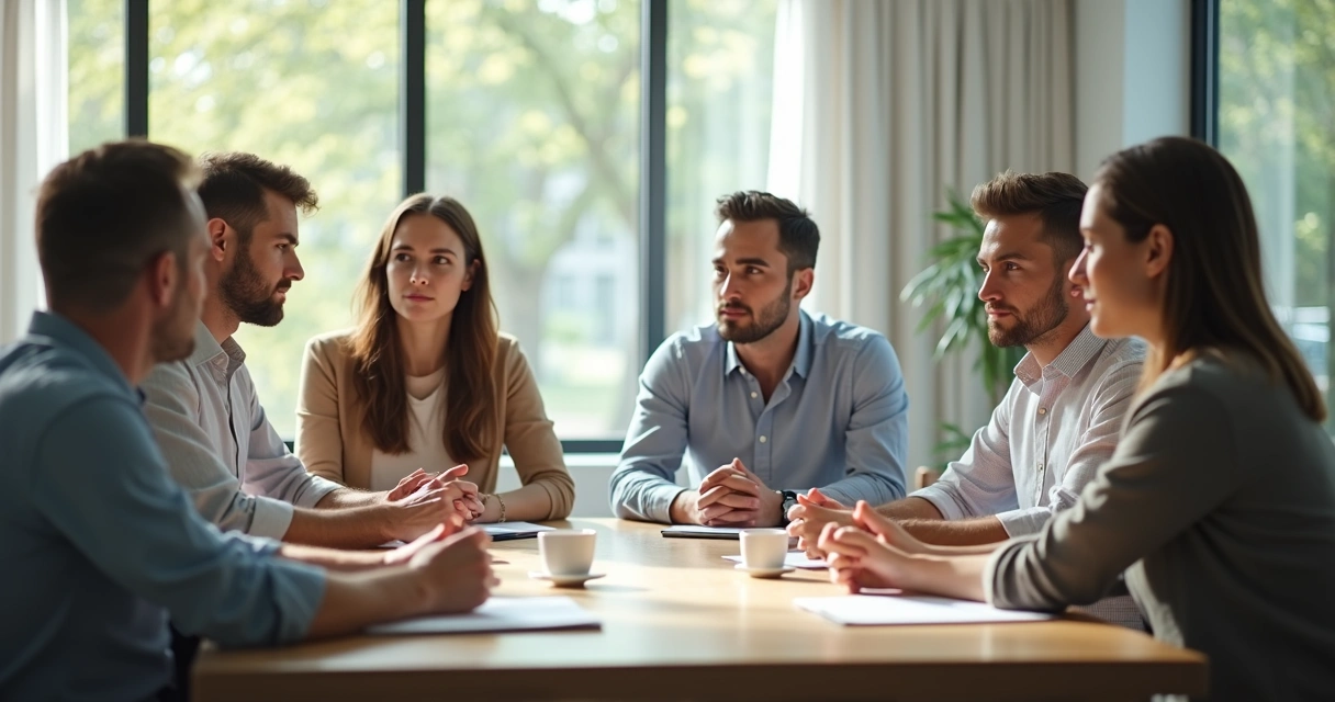Grupo de pessoas em reunião, expressão atenta, ambiente harmonioso, luz natural 