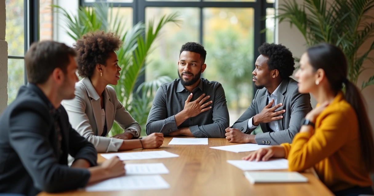 Grupo de colegas de trabalho em reunião discutindo emoções com expressão atenta 